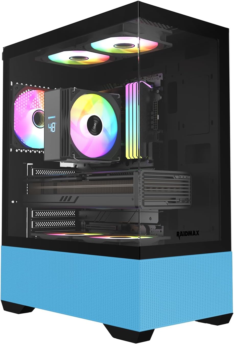 Raidmax I802 Mesh Air Flow Compact Panoramic ATX Mid Tower Case – 270° View Tempered Glass, 5X Pre-Installed 120mm Static RGB Color Fans, Supports ATX/Micro ATX, Max 340mm GPU (Green)