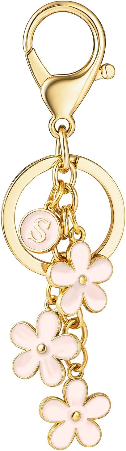 Initial Keychain White/Pink/Black Cute Keychain Girl Purse Charms for Handbag Cute Letter Flower Keyring for Backpack