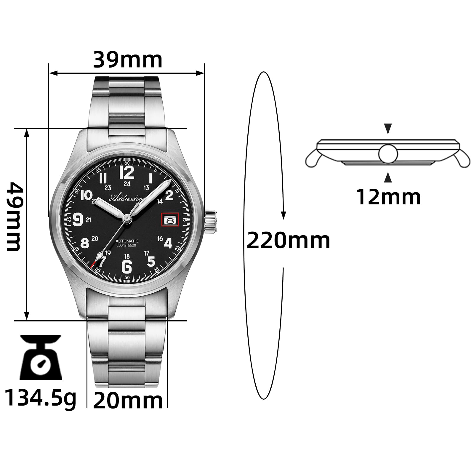 ADDIESDIVE Automatikuhr Herren NH35A Edelstahluhr 200m wasserdicht analoge Uhr Saphirglas BGW9 Leuchtend Mit Edelstahlarmband AD2070