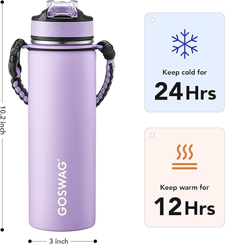 Miniatura 2 de GOSWAG Botella de agua deportiva aislada, 24 oz, 2 tapas (con pajitasin pajita), botellas de agua de acero inoxidable con mango de paracord, botella