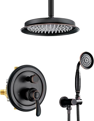 Vista 9 de Juego completo de grifos de ducha antiguos: sistema de ducha de lluvia de montaje en techo, cabezal de lluvia de 9 pulgadas y rociador de mano