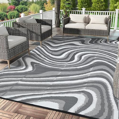 Garvee Waterproof Outdoor Rug 10x14 Large Abstract Outdoor Camping Rug with Portable Bag, Reversible Plastic Straw Rugs Foldable Lightweight UV Resist