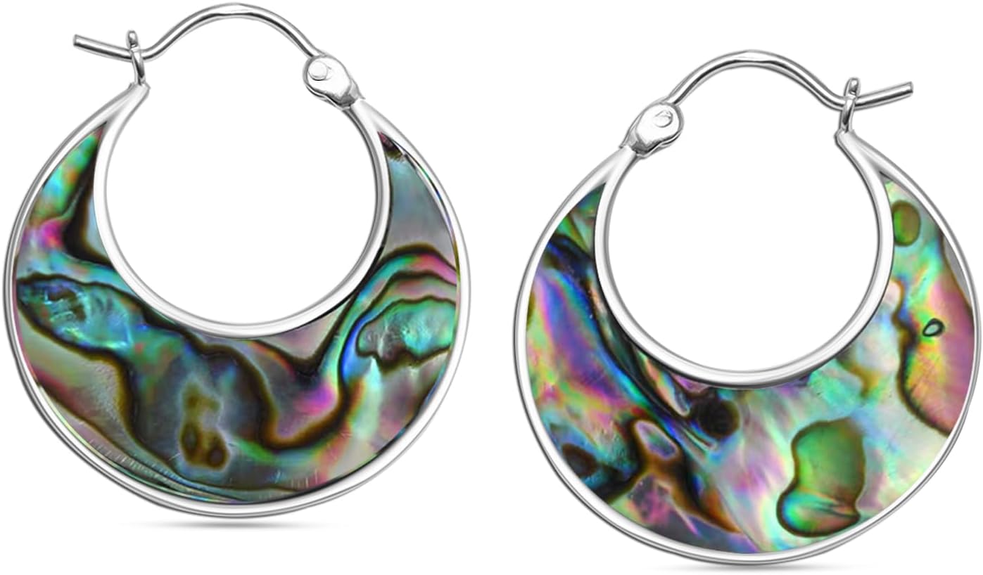 LeCalla Abalone Shell Earrings - 925 Sterling Silver Abalone Shell Hoop Earrings for Women | Gemstone Bali Hoops Dangling Earring Jewelry Gifts for Friend Sister Mother Wife Her 25MM