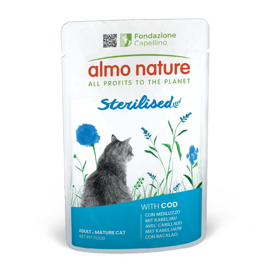 Almo Nature Functional - Sterilised - Comida Húmeda para Gatos Adultos y Mayores, Esterilizados o Poco Activos - con Bacalao - Bajo Contenido de Grasas, Hidratante - 70g (Paquete de 30)