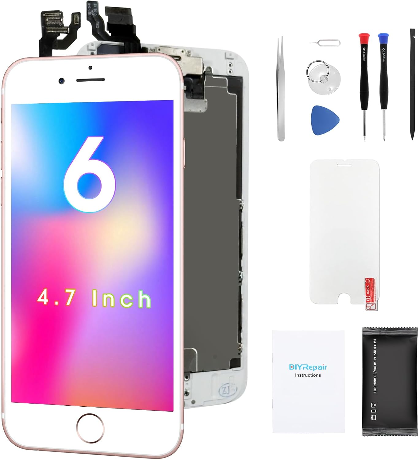 for iPhone 6 Screen Replacement 4.7', 3D Touch Display Full HD Repair kit, Digitizer Assembly with Tools Set, Tempered Glass, Instruction(White)