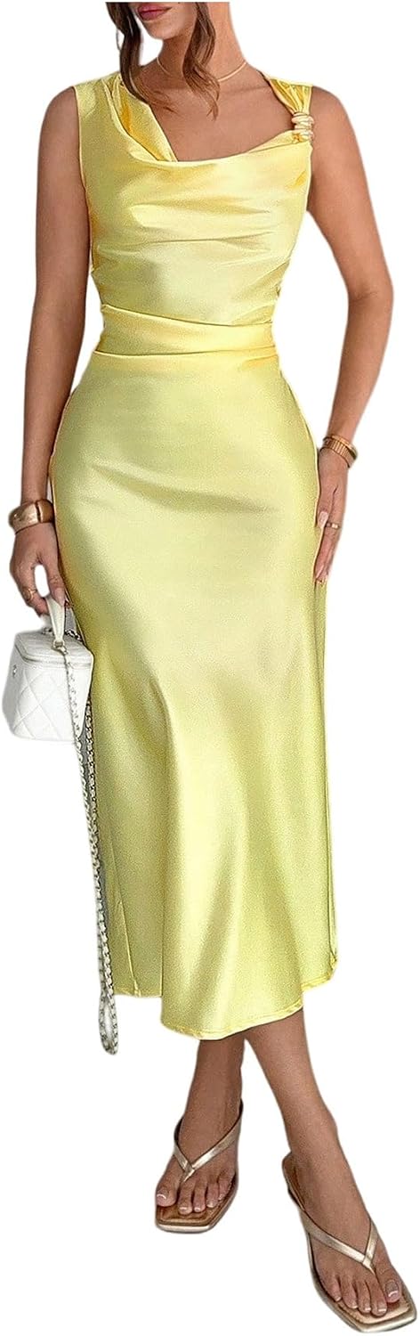 Floerns Women's Elegant Satin Draped Midi Dress Sleeveless Ruched Bodycon Party Cocktail Dresses