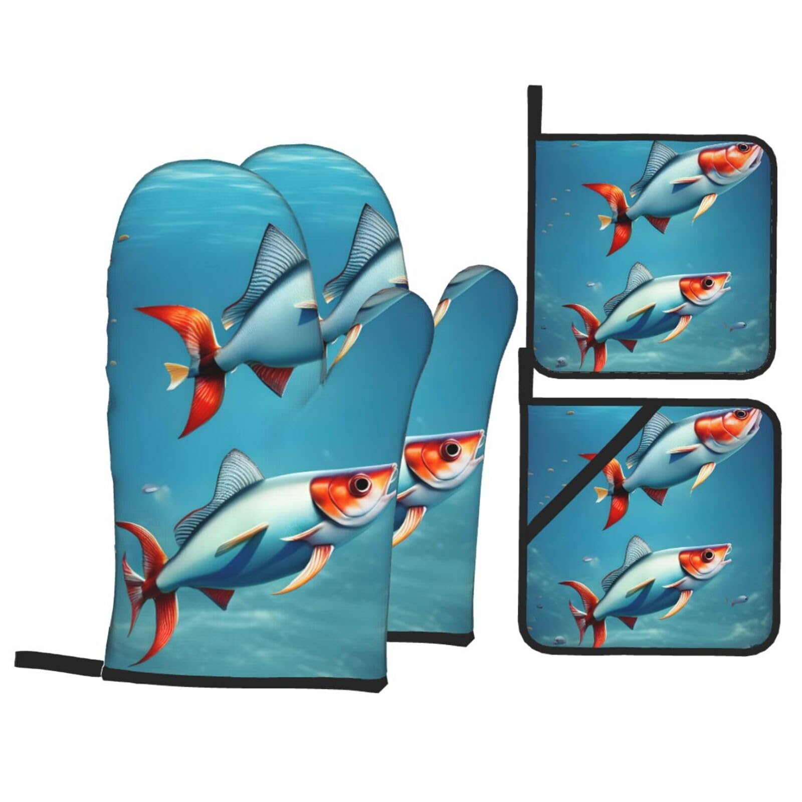 flying fish in the ocean Print 4-Piece Heat-Resistant Oven Waterproof Kitchen Gloves Cooking Roasting Essential
