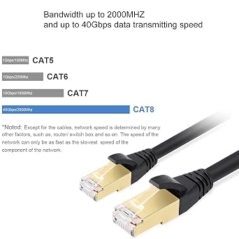 Tianle Cat8 Ethernet Cable, High Speed 26AWG LAN Network Cable 40Gbps 2000Mhz SFTP with Gold Plated RJ45 for PC, Router, Switch, Modem, Smart TV, PS4, Game Console, 6ft