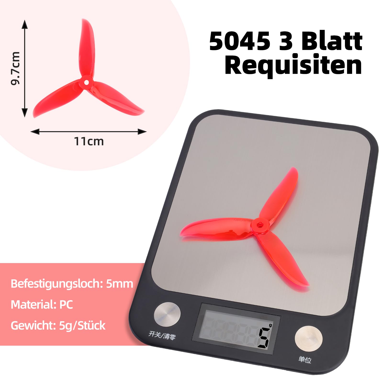 12 hélices 5045 de 3 palas, 12,7 cm (5 pulgadas), Tri Blade Props para motores sin escobillas 2204 2205 2206-2306 FPV Racing Drone Quadcopter (rojo transparente, negro, azul transparente)