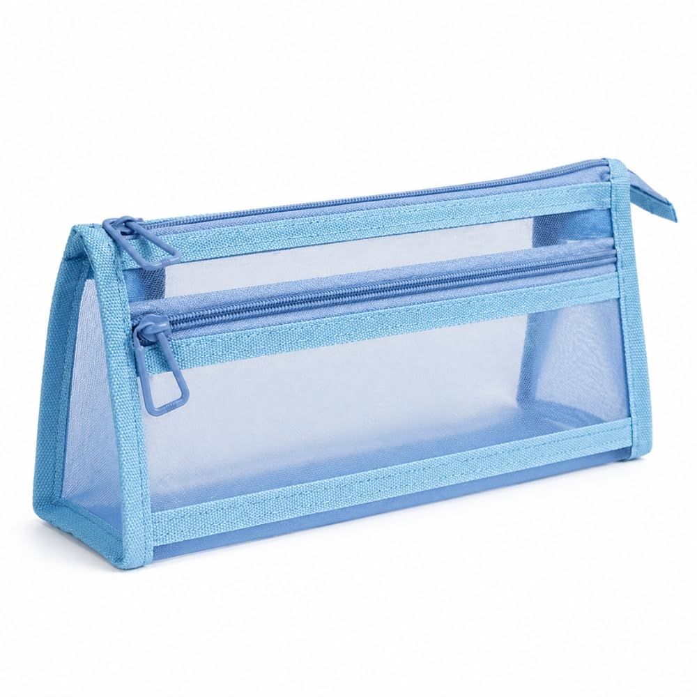 Mesh Zipper Pencil Case, Girls Transparent Pouch for School with Front Pocket, Semi-Transparent Pastel Stationery Organizer (Blue)-picture-10