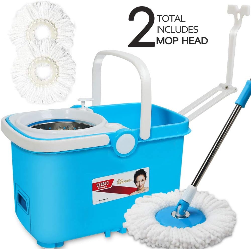 Spin Mop and Bucket with Wringer Set Deluxe 360 Microfiber Mop Floor Cleaning System Included EasyPress Handle with 2 Mops Heads,Blue
