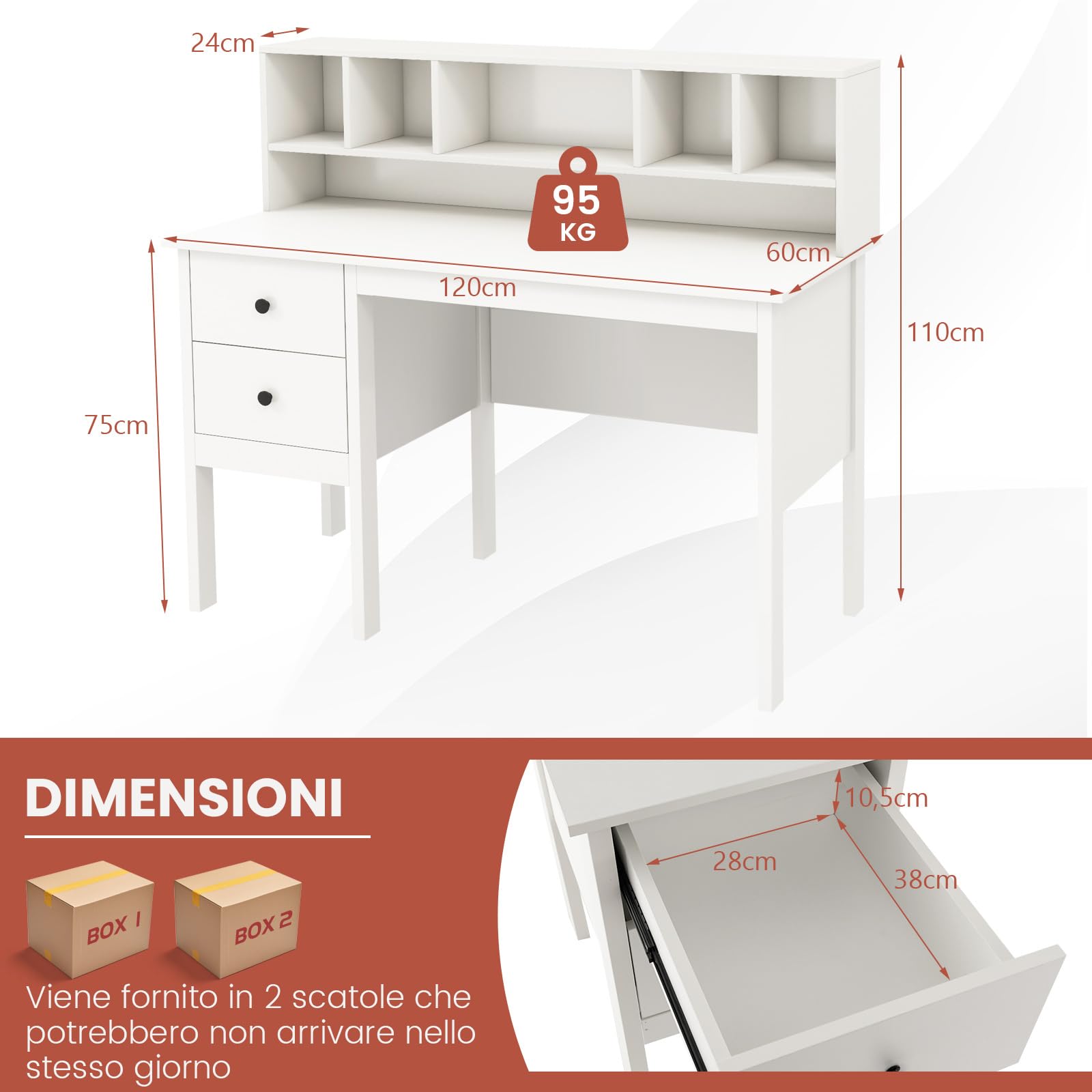 COSTWAY Scrivania Salvaspazio con Libreria, 5 Vani e 2 Cassetti | Scrivania per Computer Moderna da Ufficio e Casa, Bianco