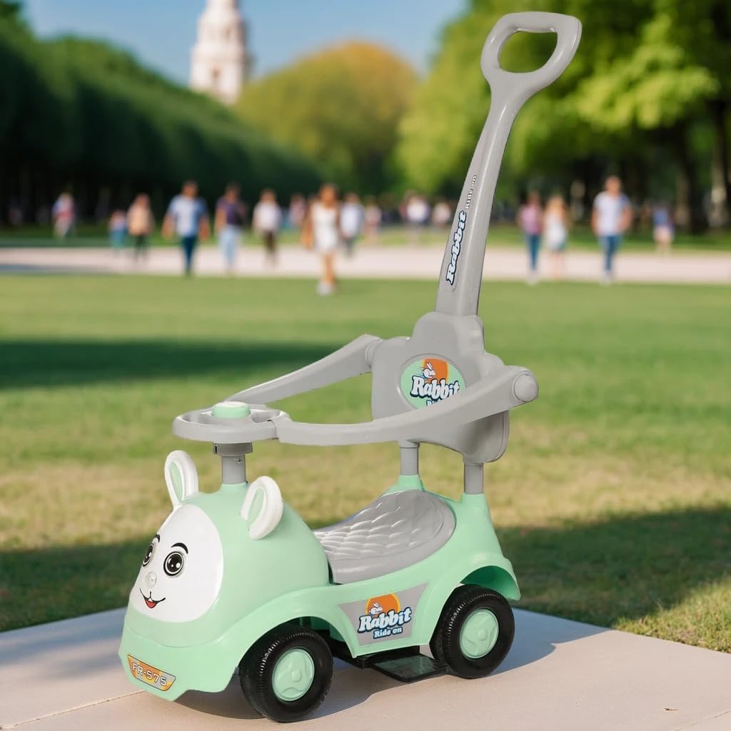 Fun Ride On Push Car, Rabbit 3 in 1 Rider with Removable Parental Handle - Musical Push Car with Lights and Utility Storage Toy Box - Armrest Guardrails for Safety, Kids Indoor/Outdoor Toy Car (Green)