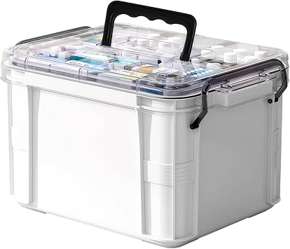 Organizer Medicine Box Large White, Handle Black Storage, Transparent Lid Divided Compartments, 4-5 People Suitable Family Use, Long-Lasting Pp Material