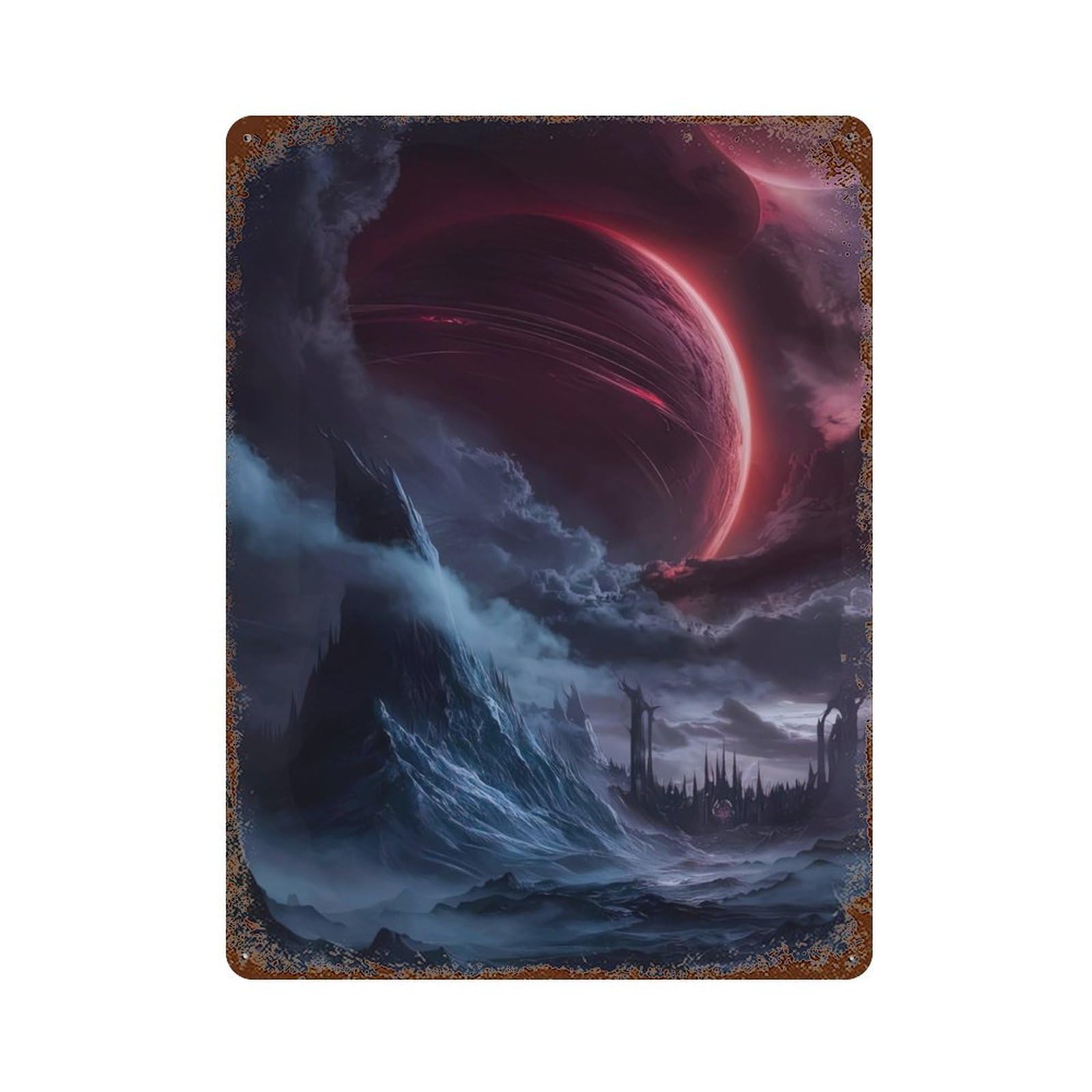 Crimson Planet Eclipse Rust Effect Tin Sign 15.7"x11.8", Novelty Wall Decor for Patio, Garden Room And Bar Decor