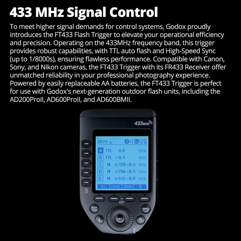Godox FT433 N FT433-N TTL - Trigger flash wireless per fotocamere Nikon 433 MHz, 1/8000s, 0-100 m, schermo LCD, 32 canali, 1-99 ID, sincronizzazione anteriore e posteriore