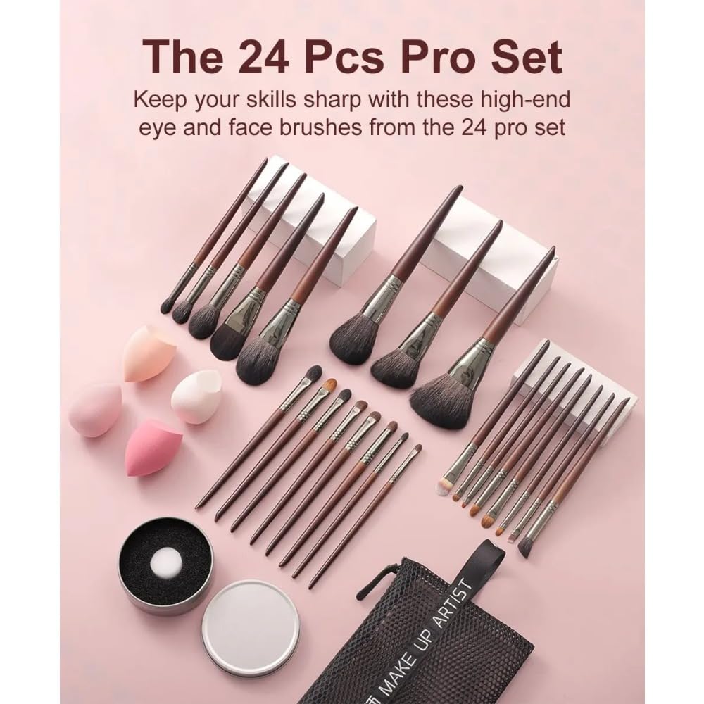 Lot de pinceaux de maquillage en poils de chèvre naturels, pour fard à paupières, fond de teint, blush, pour usage professionnel et personnel (XQ1-24N18N31)