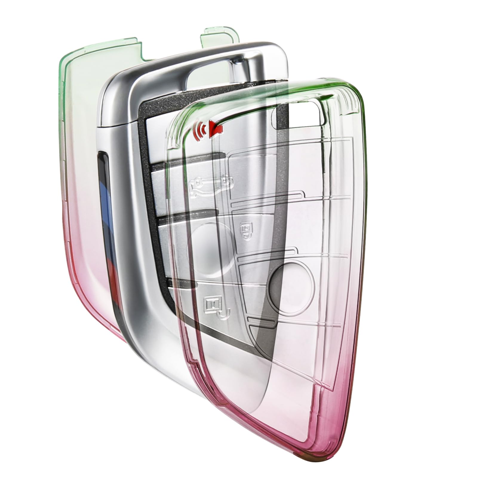 CTRINEWS for BMW Key Fob Cover with Color Keychain for Accessories, Upgraded Blade Shape Soft Clear Key Case for New Smart Key (Green+Pink)