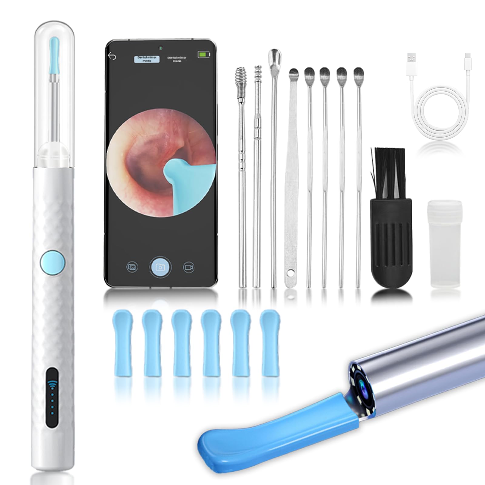 WiFi Visual Ear Cleaner with 1080P HD Camera APP-Controlled Ear Wax Remover Type-C Rechargeable 14PCS White