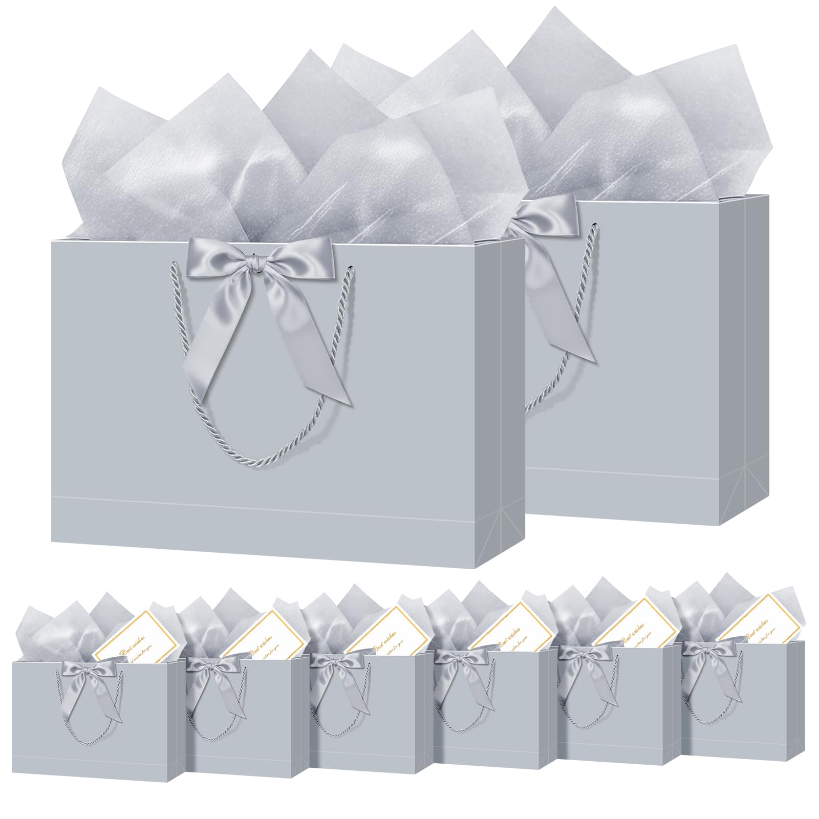 NADSSJL 6 Pcs Medium Gift Bags for Present - Birthday Gift Bag with Wrappers and Cards, Party Bags with Handles for Weddings, Birthdays, Parties, Valentine's Day and Christmas (Silvery) — image 1