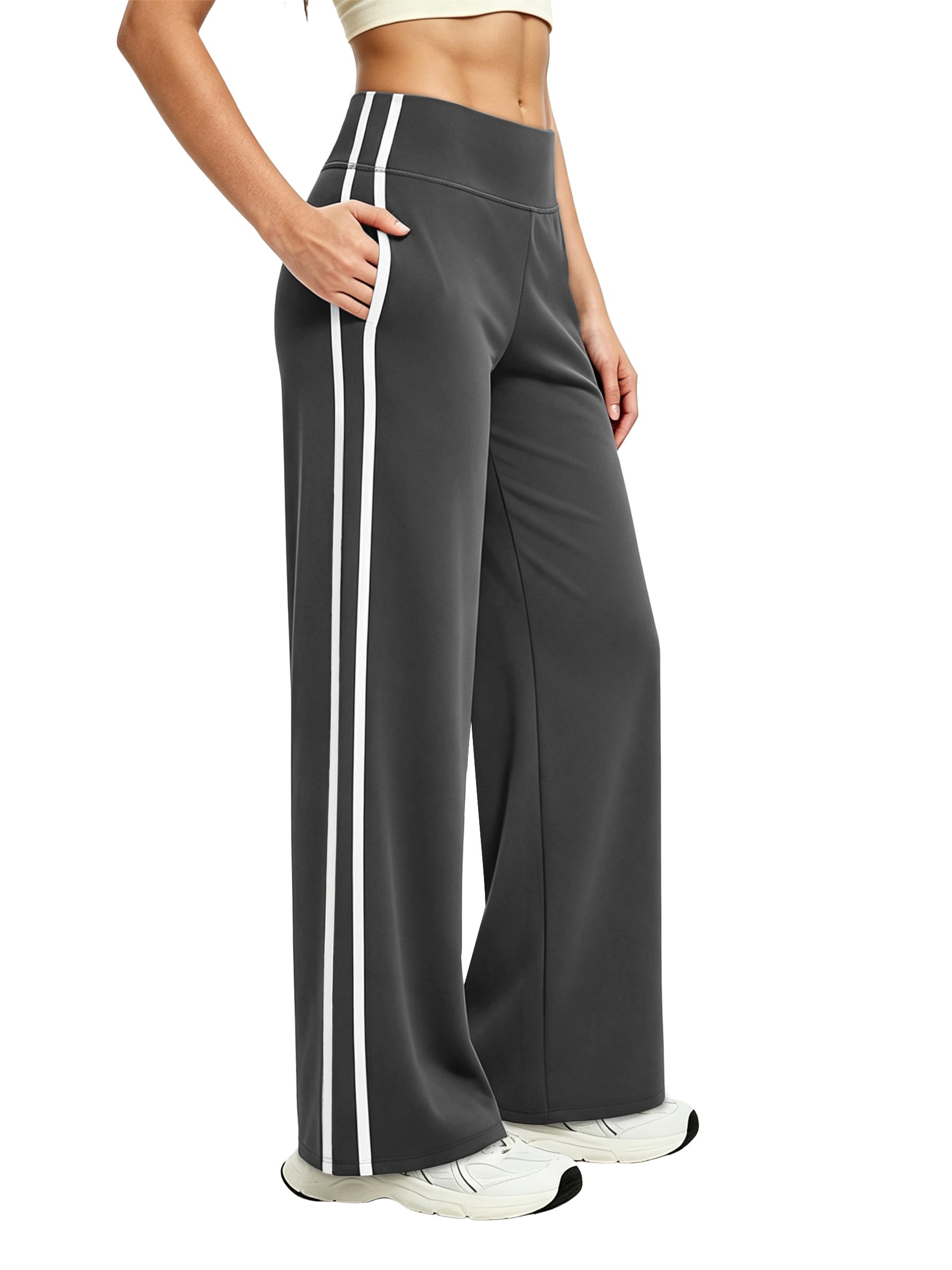 Alaroo Women's Pants Wide Leg High Waist with Pockets Loose Stretch Casual | Wide Leg Track Pants, High Waist, Contrast Side Stripes, Stretch Fabric and Pockets for Casual, Workout and Everyday Wear