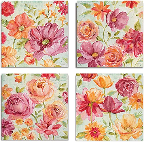Renditions Gallery Canvas Wall Art, 4 Panels Set 16x16 Inches Each Framed Artwork, Warm Afternoon Red Flowers Painting Floral Pictures for Home Décor