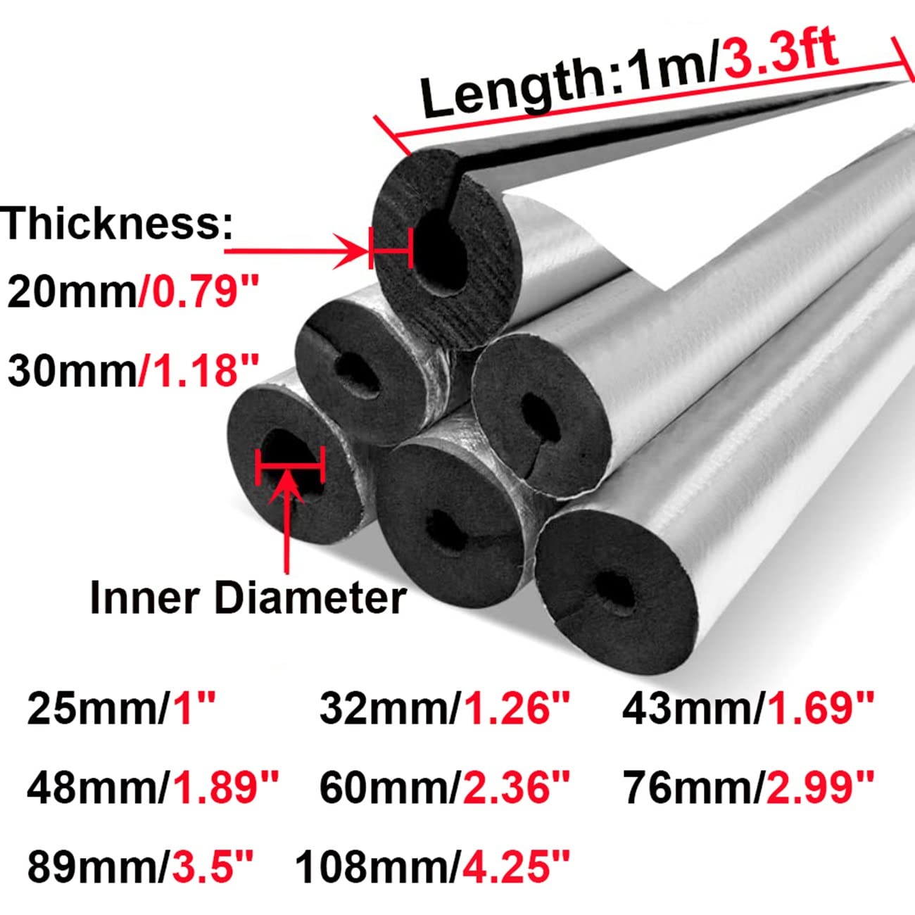 Coquilla Aislante De Papel De Aluminio Autoadhesivo, Cubierta De Aislamiento De Tubería Fácil De Instalar, para Calefacción Y Fontanería Doméstica, ID 25-108mm, Espesor De 20/30mm (Size : 108mmx30mm