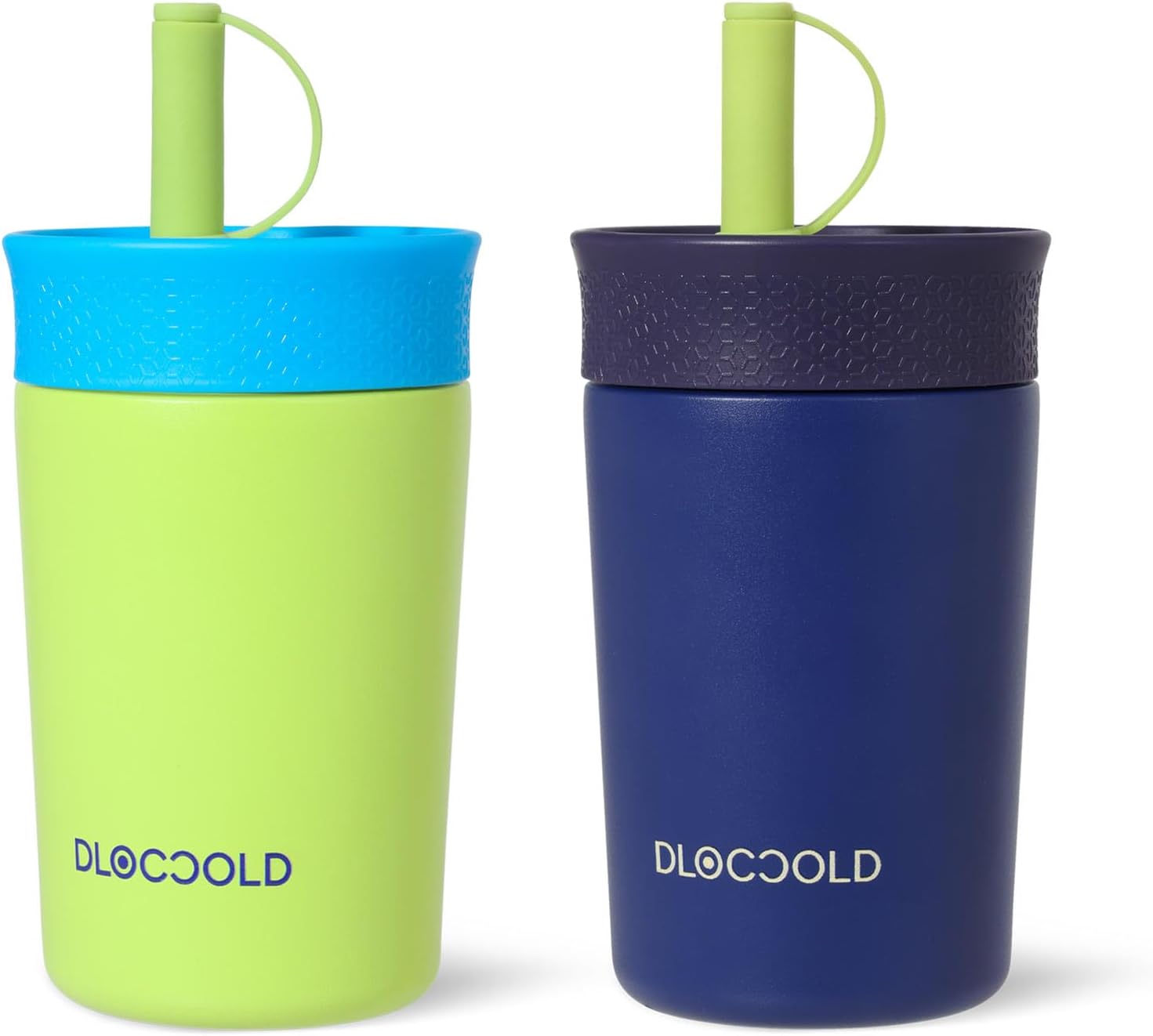 DLOCCOLD 12 oz Insulated Stainless Steel Straw Tumbler, Reusable Sippy Cup With Leak-Proof Spill Resistant Flexible Straw Lid, Cups, Easy to Clean, Water Bottle, Great for Travel, Home (2 Pack) Navy Blue+Fruit Green