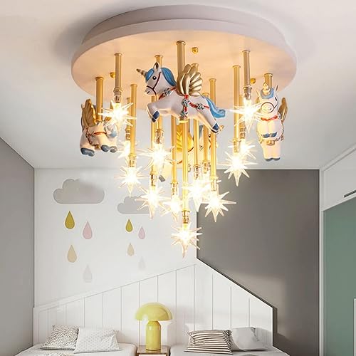 Miniatura 4 de CEKUXPS Lámpara de techo LED moderna, colgante de montaje empotrado de 4 luces, luz de resina de carrusel de dibujos animados, cuerpo redondo,