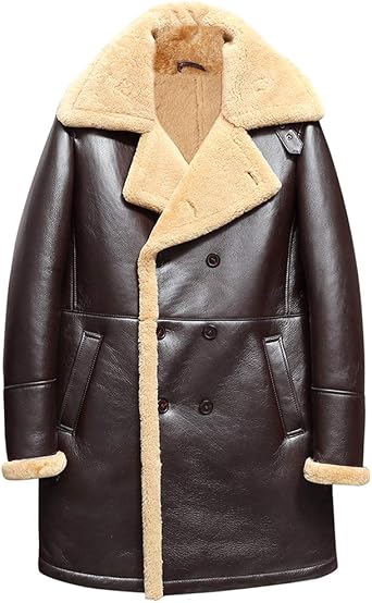 Denny&Dora Mens Sheepskin Shearling Jacket B7 Flight Jacket Sheepskin Military Bomber Trench Coat Long