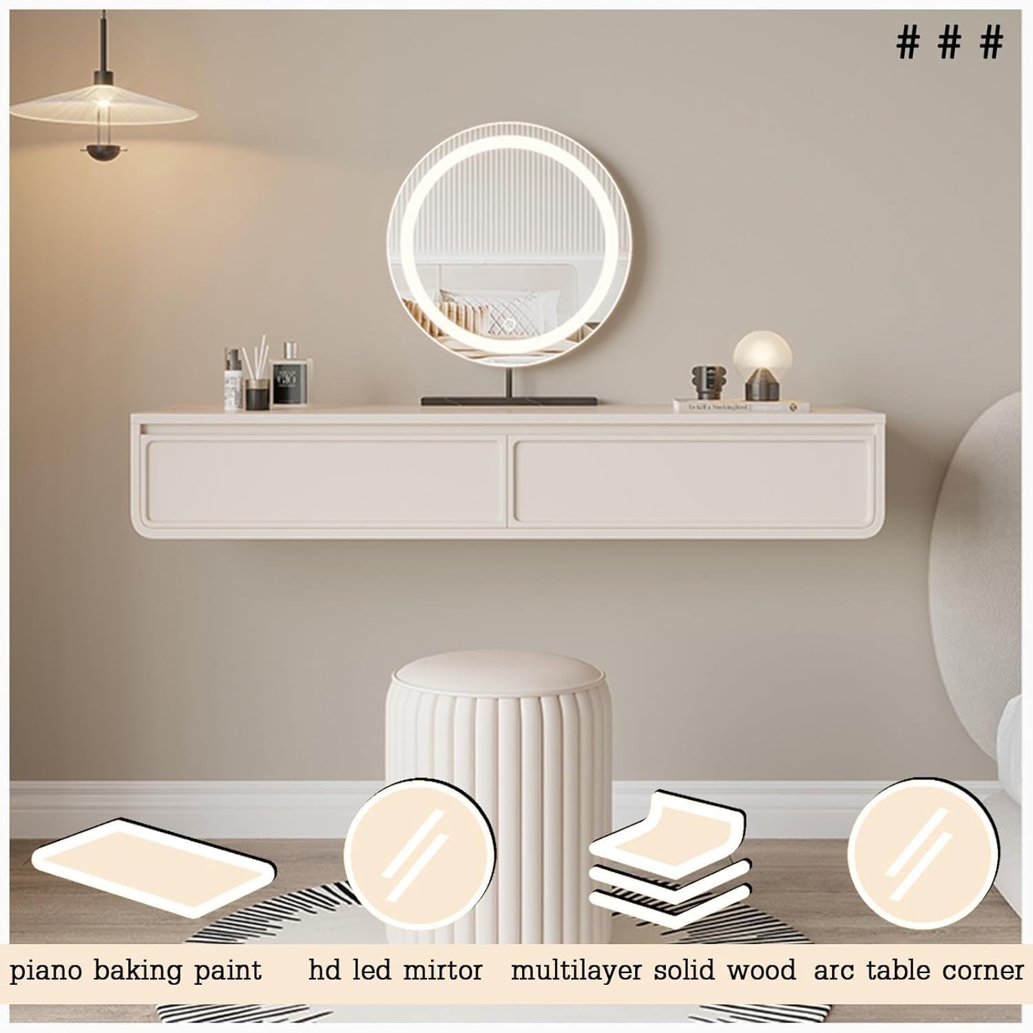 Wall Mounted Floating Vanity Makeup Table, Space-Saving Dressing Table Storage Cabinet for Bedroom & Bathroom, White Round Design