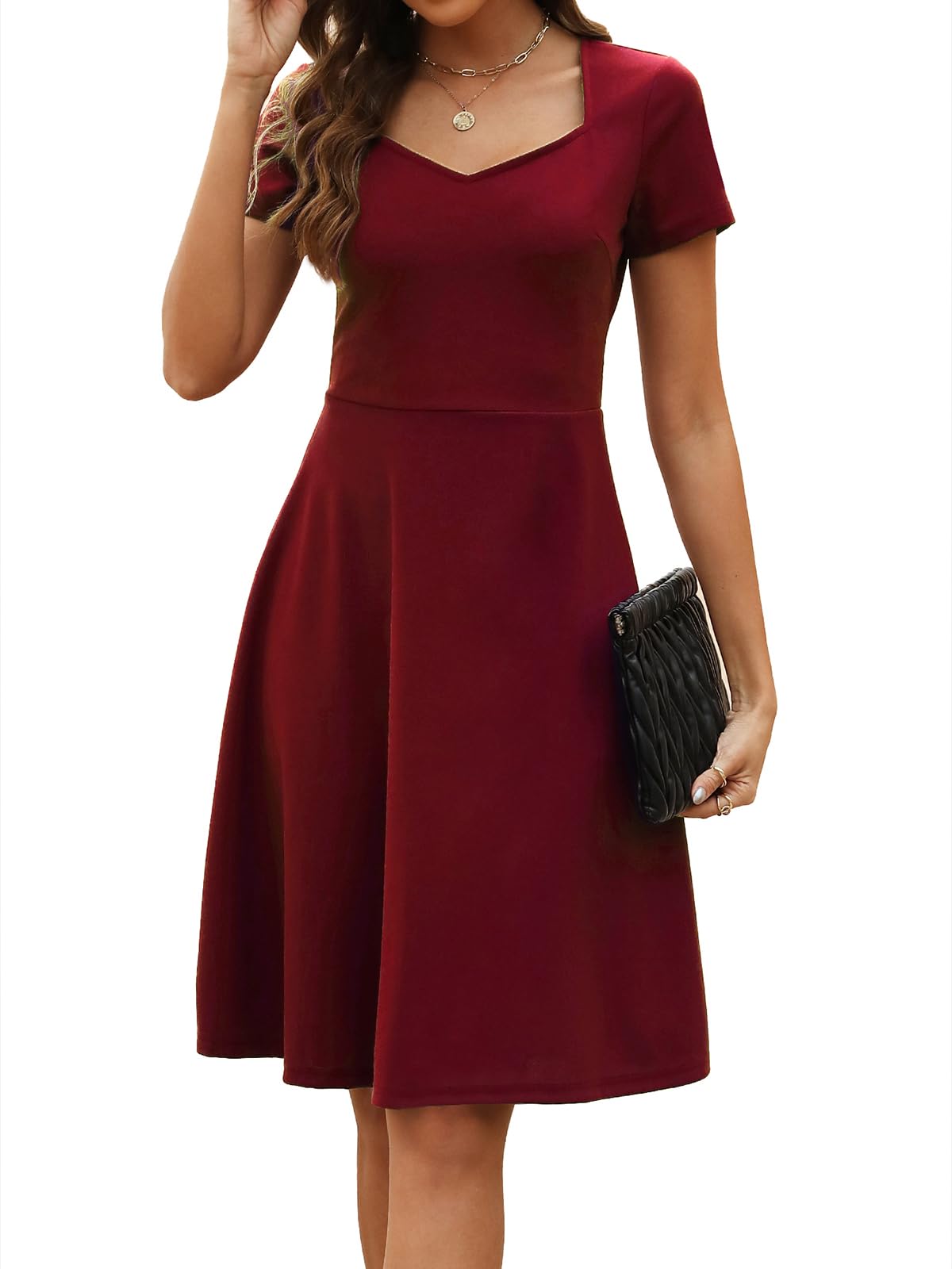 BARASA Womens Wear to Work Dresses Elegant Sweetheart Neck Short Sleeve Party A-Line Knee Length Dress D163