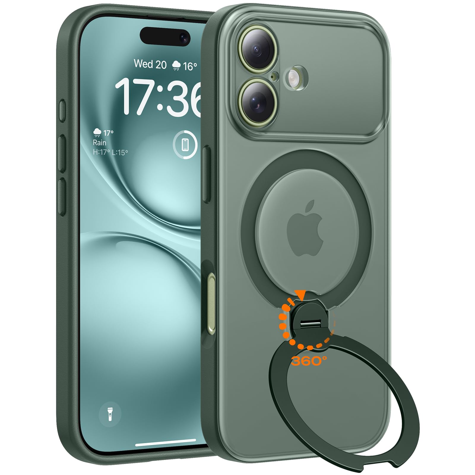 TOCOL Funda para iPhone 17 con Soporte Giratorio 360°, Verde Alpino | Compatible con MagSafe, Resistencia Militar 15FT, Protección Cámara, Antideslizante Semitransparente Mate Case