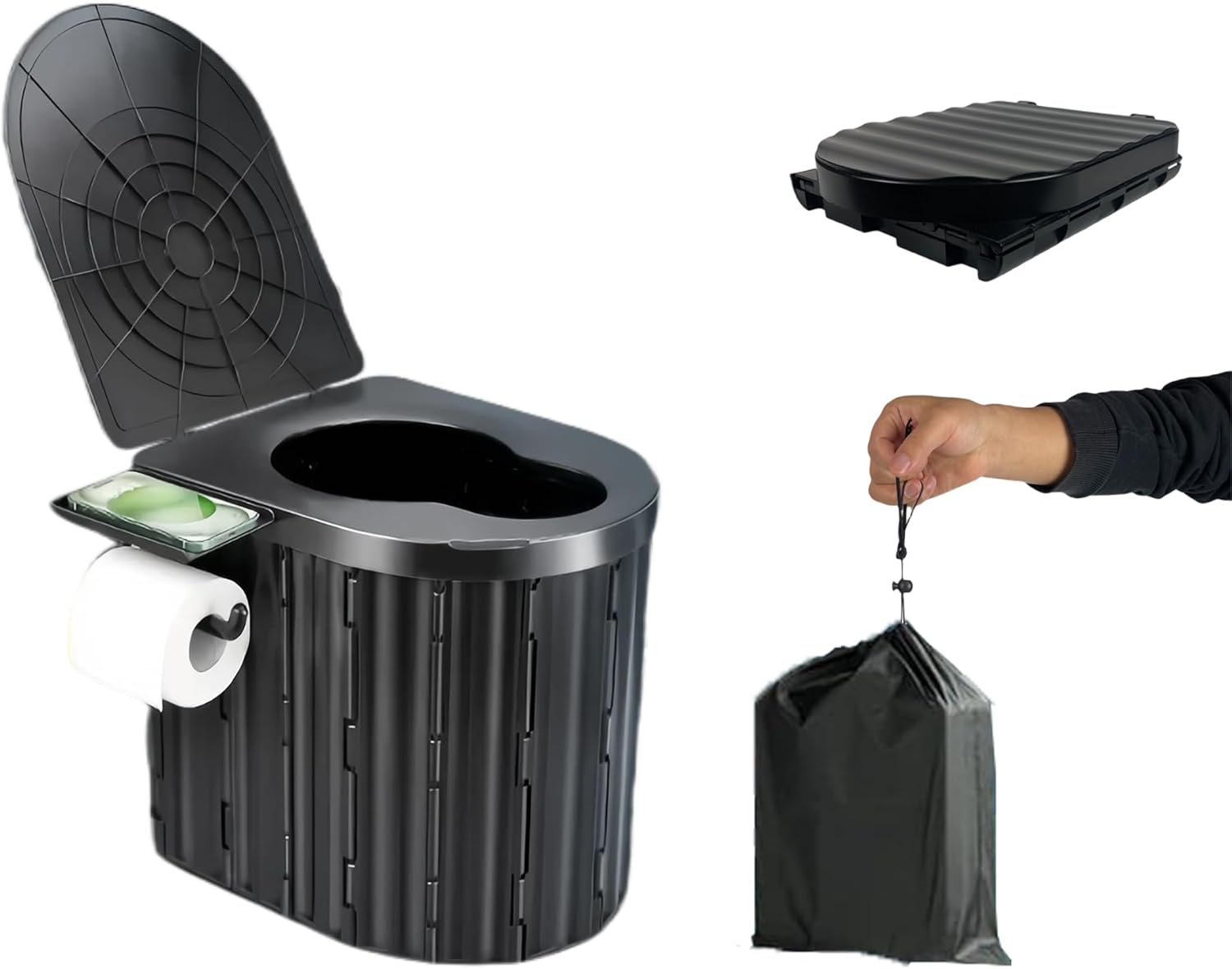 Portable Folding Toilet for Adults Camping, 300LBS Weight Capacity Porta Potty with Removable Toilet Paper Holder for Outdoor, Travel, RV, Boats and Emergency Use