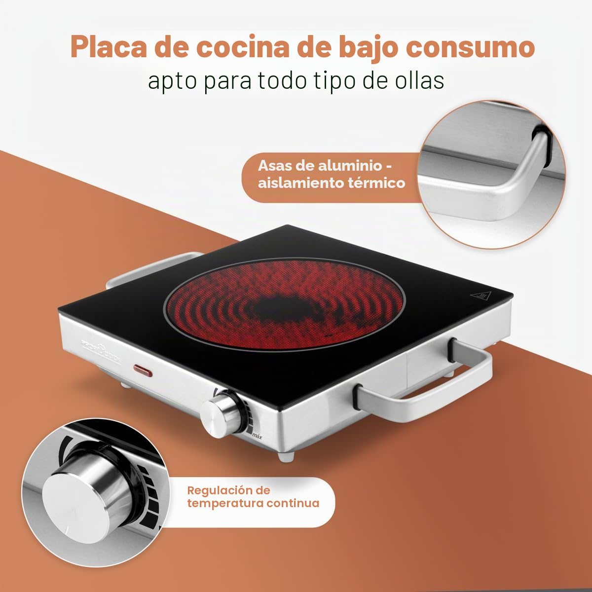 ProfiCook Placa de cocción individual por infrarrojos, apta para todo tipo de ollas, vitrocerámica, 2800 W, carcasa de acero inoxidable.