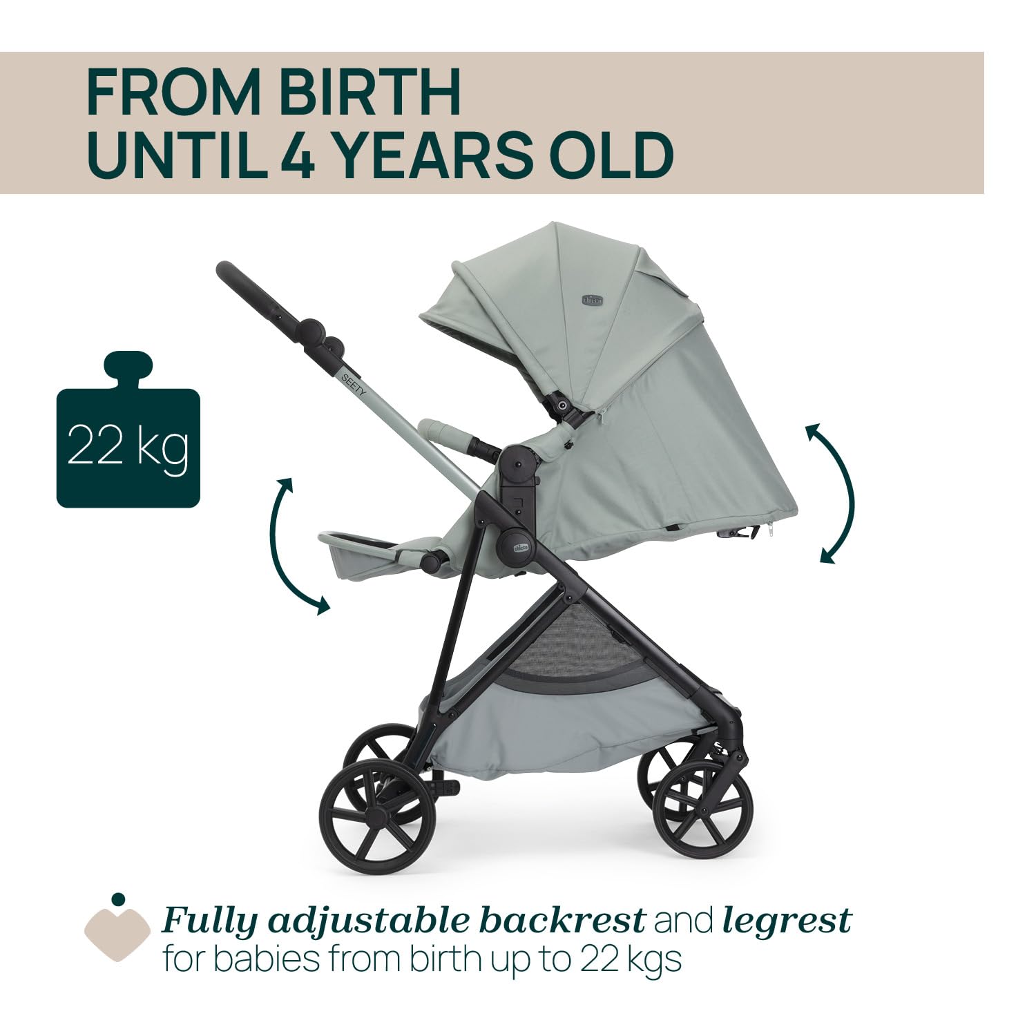 Chicco Poussette Seety, Poussette Légère et Compacte de 0 Mois à 4 Ans, Charge Max 22 kg, Poussette Pliable, Dossier Réglable, Fermeture Automatique en 1 Geste, Canopy Pare-Soleil et Habillage Pluie