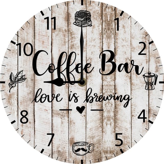 Vista 10 de Reloj de pared para cafetería, decoración de pared, funciona con pilas, sin tictac, cuarzo silencioso, analógico, rústico, rústico, reloj redondo