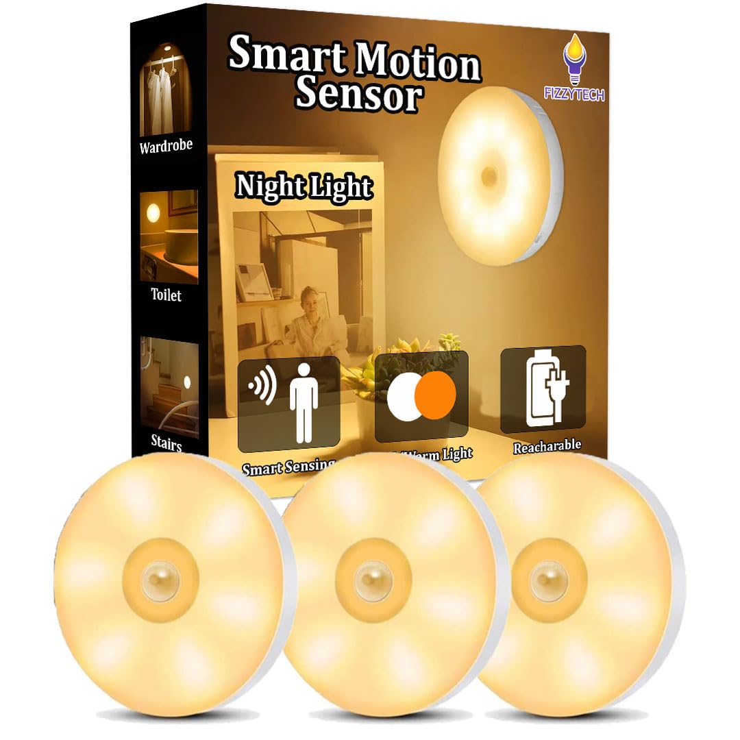 fizzytech Motion Sensor Light | USB Rechargeable, Wireless, Self-Adhesive LED with Magnetic Base Motion Activated Light for Hallways, Wardrobes and Stairs (White, Pack of 3) (B0D76TQGKN) Amazon Price History, Amazon Price Tracker