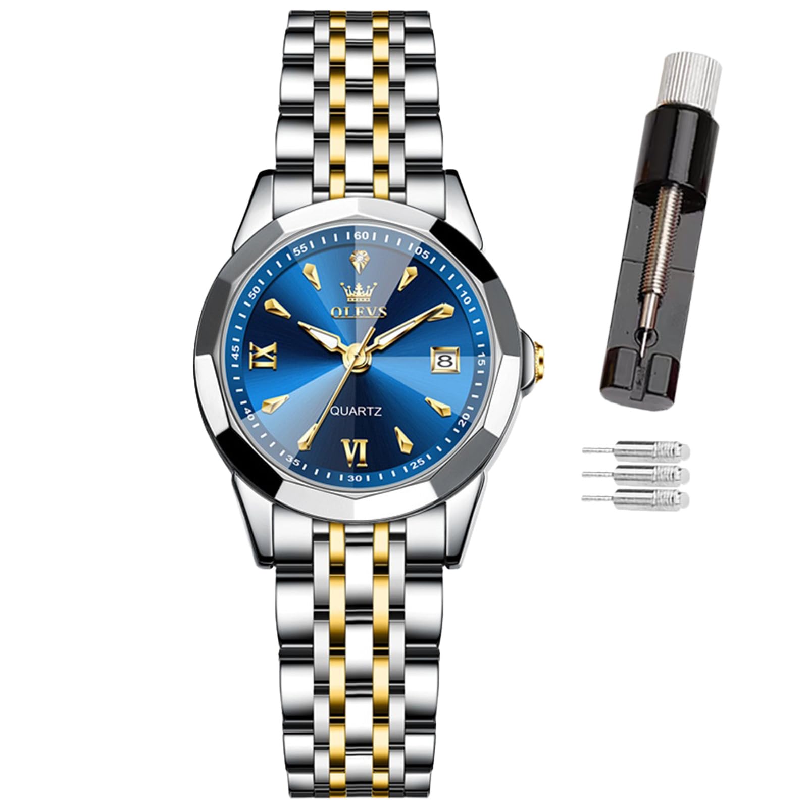 OLEVS Damen-Armbanduhr, Diamant-Zifferblatt, Quarzuhr, Edelstahl, modisch, nachtleuchtend, wasserdicht, analoge Uhr für Frauen, Romantisches Geschenk für Freundin
