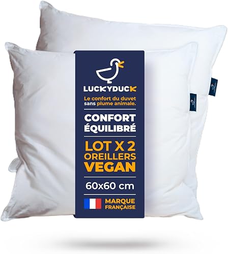 DUCK Lot 2 Oreillers 60x60 Moelleux Vegan Respirants Perca LUCKY