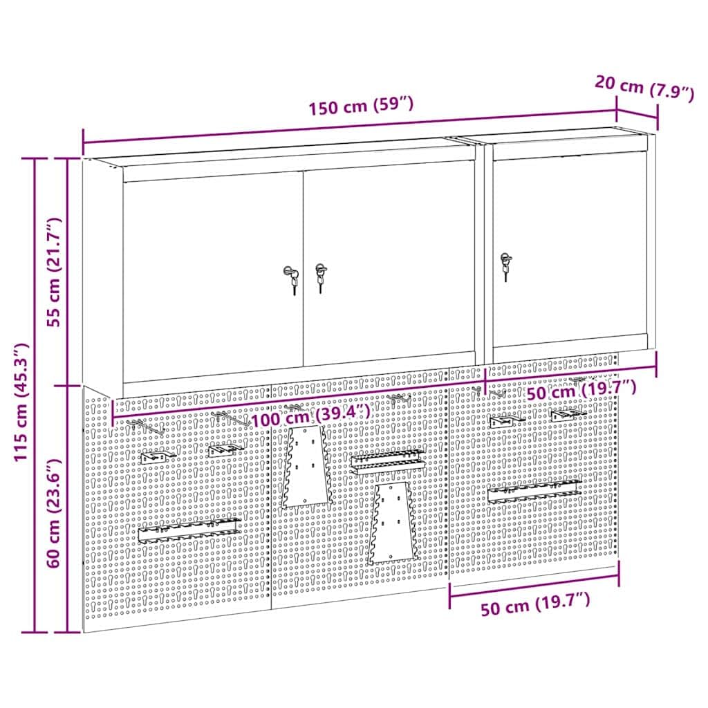 Juego de 5 armarios para herramientas de acero pulverizado, montaje en pared, 150 x 20 x 115 cm, con placas perforadas, estantes metálicos y 3 cerraduras para taller y garaje