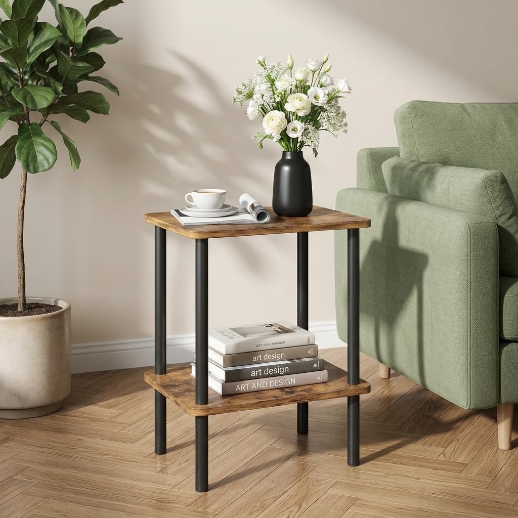 APICIZON 2 Tier Side Table, Narrow End Table with Storage Shelf, Bedside Table Nightstand for Small Spaces, Bedroom, Living Room, Entryway, Farmhouse, No-Tool Assembly, Rustic Brown