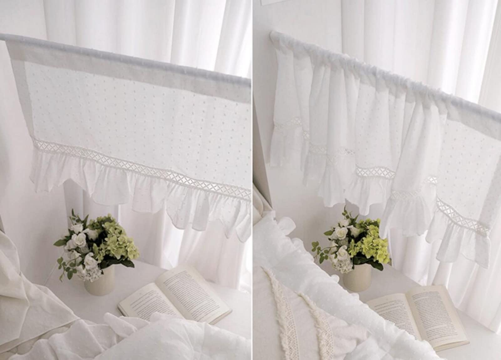 Rideau de fenêtre en coton semi-transparent style campagnard pour petites fenêtres - Cantonnière brodée à pompons blancs - Parfait pour la cuisine, le bistrot, le café et les portes.