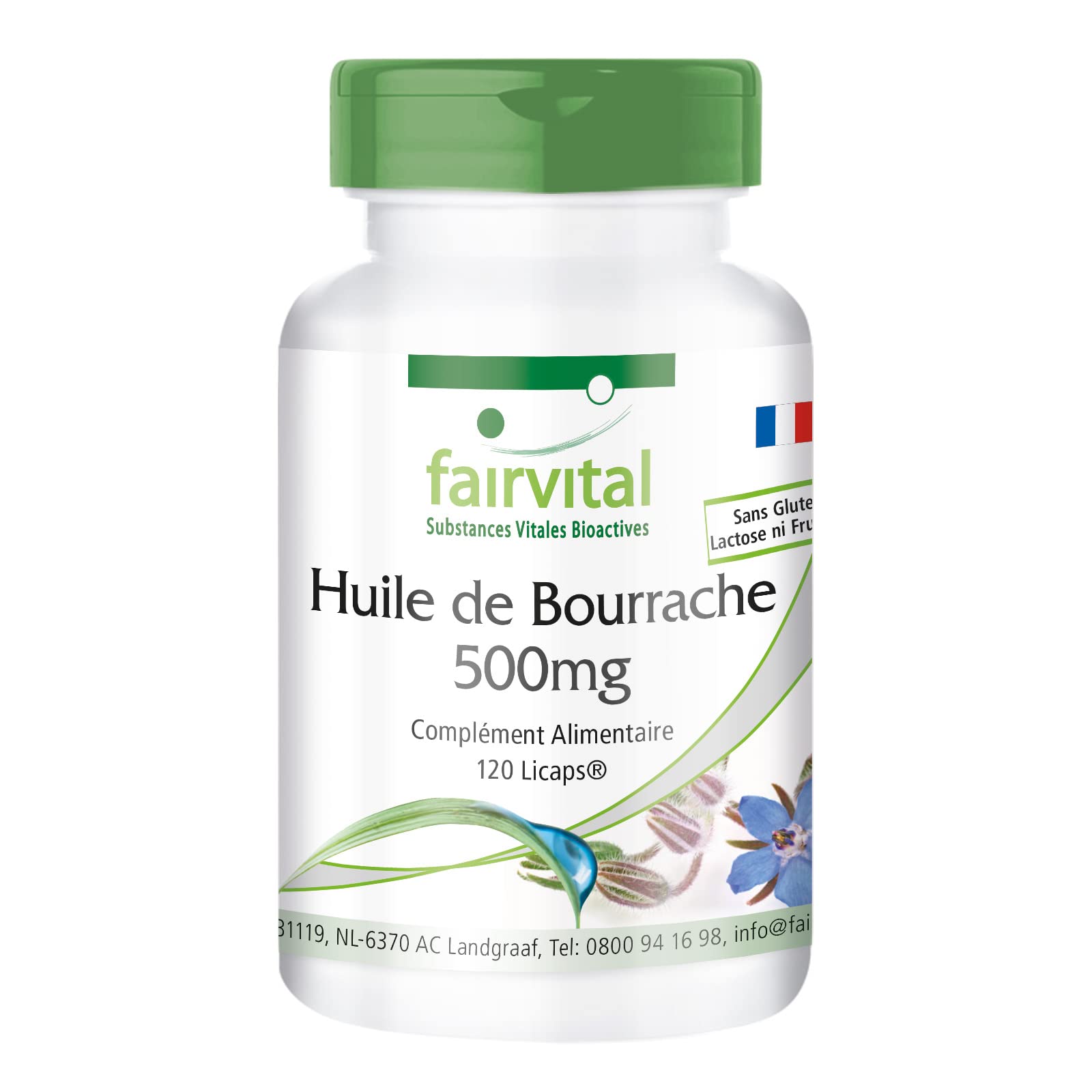 fairvital Capsules d'huile de bourrache 500mg, 120 LiCaps®, faciles à avaler, HAUTEMENT DOSÉES, pressées à froid, riches en acide gamma-linolénique (oméga-6), VÉGÉTALIENNES