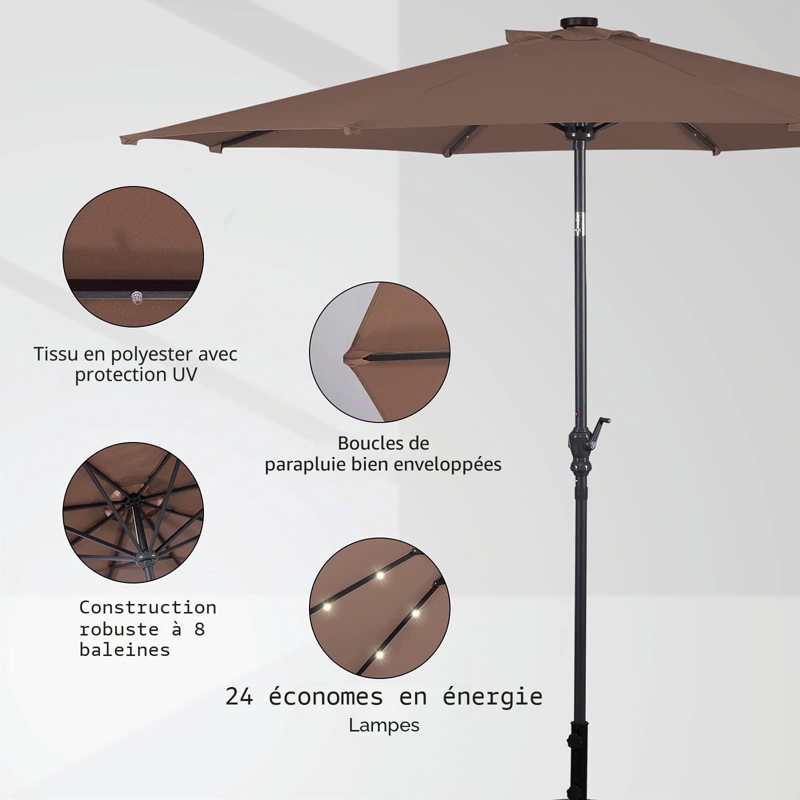 GIANTEX Parasol de Jardin Extérieur 3M, Parasol Inclinable avec 24 Éclairage Solaire LED, 8 Baleines en Métal, Protection UV, pour Terrasse, Jardin, Balcon (Café)