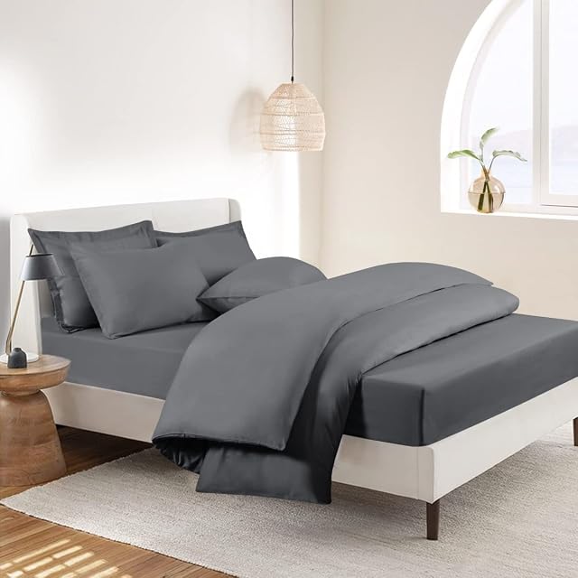 RUIKASI Bedding Set with Fitted Sheet - Super King Duvet Cover with Pillowcases and 40cm Deep Pocket Bed Sheet Dark Grey 4 Pieces Bedding Set Superking