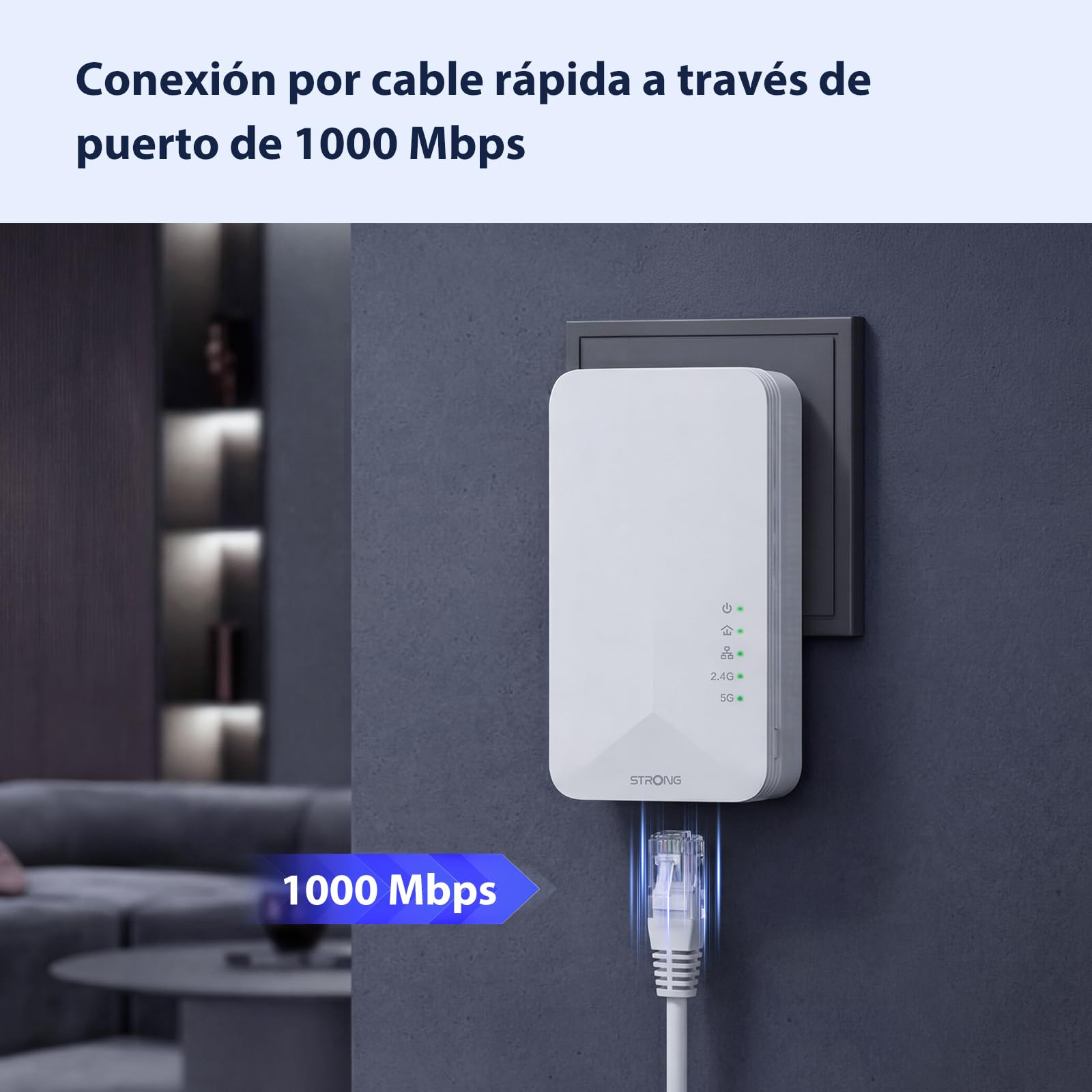 STRONG AV1000 Adaptador Powerline WiFi con Enchufe, PLC HomePlug AV2 Type F, WiFi 1200 Mbit/s en 2.4GHz/5GHz, Plug & Play, Modo de Ahorro de Energía, Puertos Gigabit (POWERL1000WFDUOEUV2)