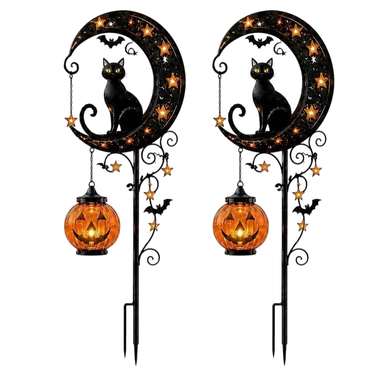 Pasisuu Halloween Solar Garden Stake Light, Metal Black Cat & Pumpkin Moon Light, Waterproof Halloween Decorations for Lawn Patio Yard Pathway Outdoor Decor, Gifts for Women 2pcs