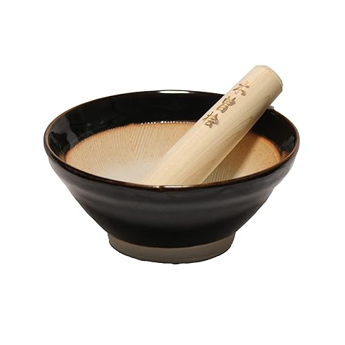 Hecho en Japón Ripple Ridge Mortero y Maja Suribachi y Surikogi Set Pequeño 5.91 Pulgadas para Diestros y zurdos, Negro Auténtico Mino Ware Pottery
