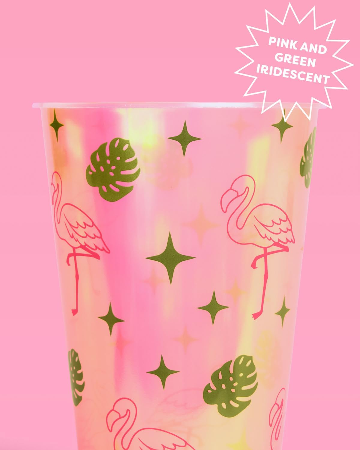 xo, Fetti Pink Tropical Vacation Plastic Cups | 16 pcs 17 oz | Iridescent Summer Drinkware, Flamingo Decorations, Palm Leaf Bachelorette Party Drinks, Birthday Supplies - Image 2
